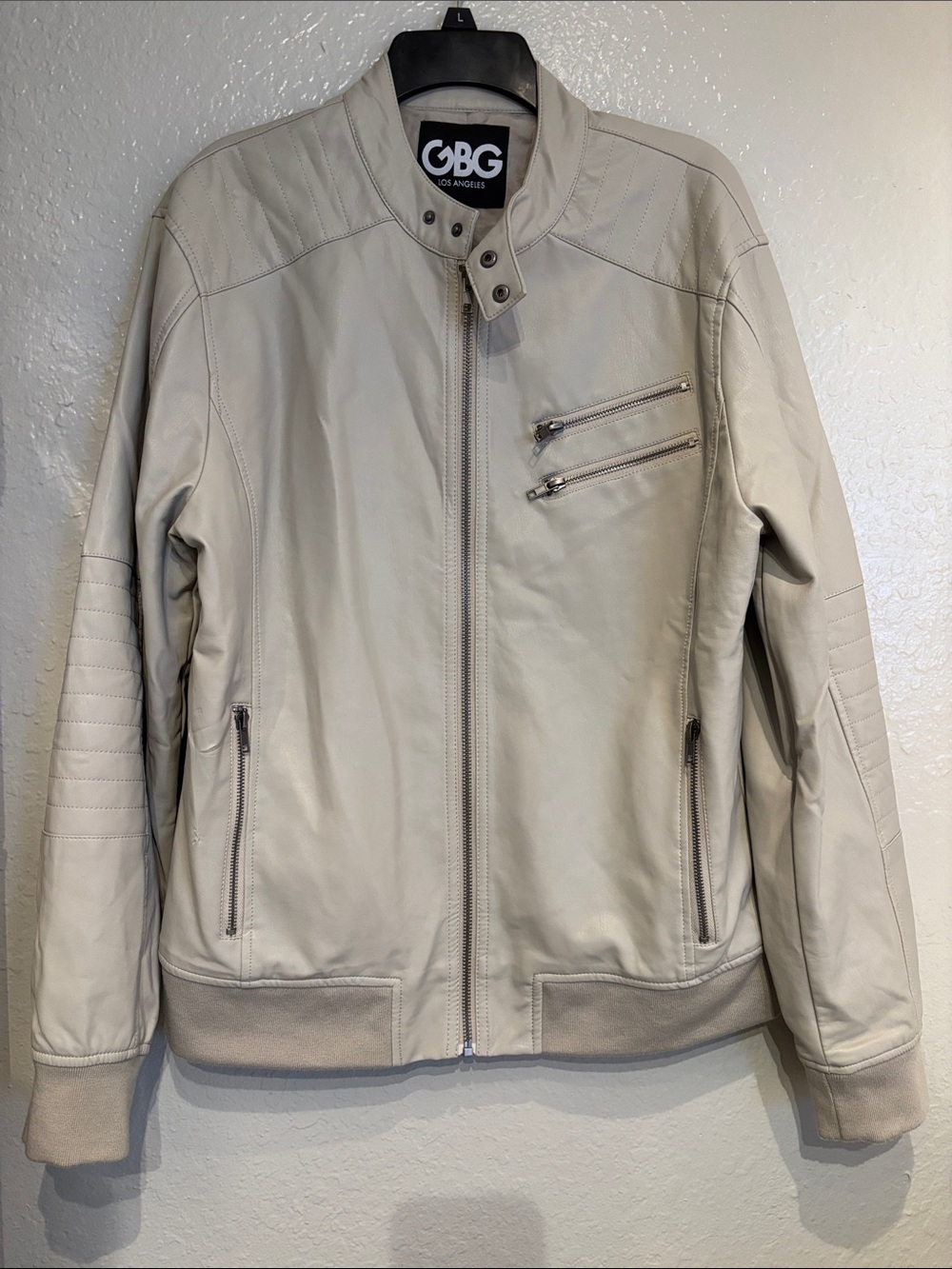 GBG Los Angeles Women’s Light Beige Zip-Up Leather Bomber Jacket Sz Large